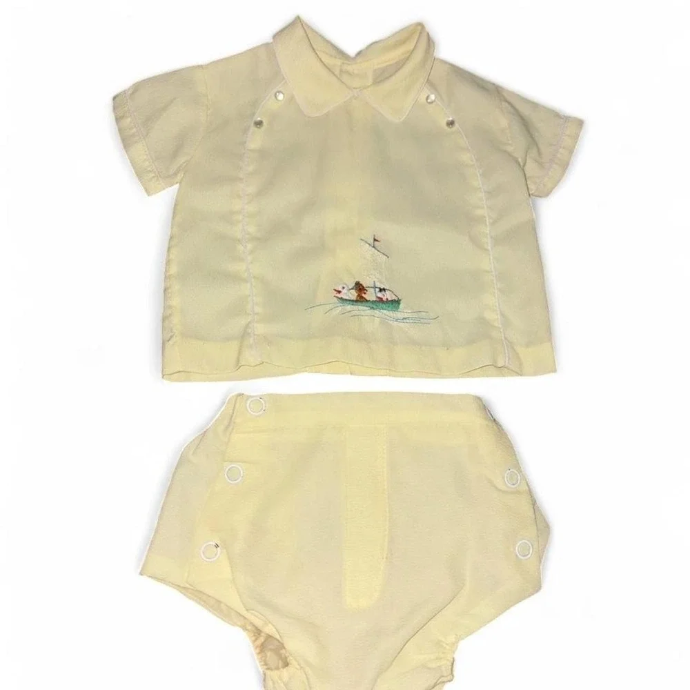 Vintage 1950s yellow baby boy sailor suit with embroidered sailboat 3-6 mo
